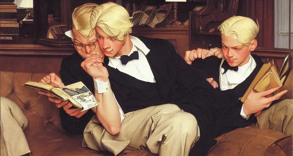 Prompt: A painting of a pale strong muscular gentleman reading a book to his blond male beloved, with beautiful long platinum blond hair, by Leyendecker and Norman Rockwell