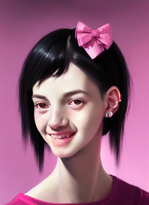 Image similar to portrait of high school girl, realistic, black hair, bangs, half updo hairstyle, pointy nose, skinny, smile, ugly, defined jawline, big chin, pink hair bow, earrings, intricate, elegant, glowing lights, highly detailed, digital painting, artstation, sharp focus, illustration, art by wlop, mars ravelo and greg rutkowski