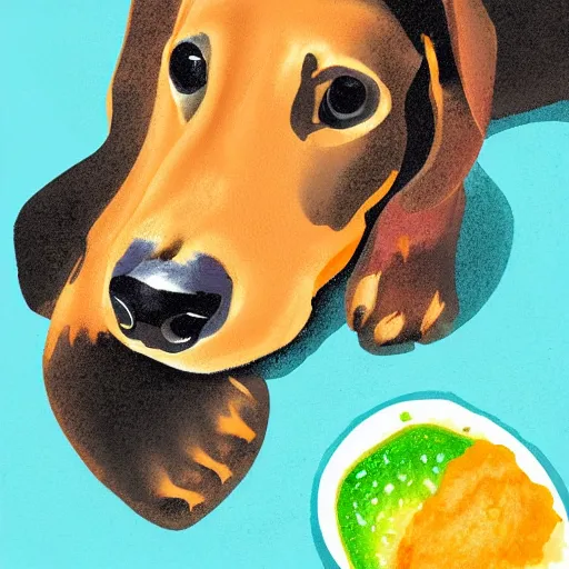 Prompt: a portrait of a dachshund eating avocado toast, digital art