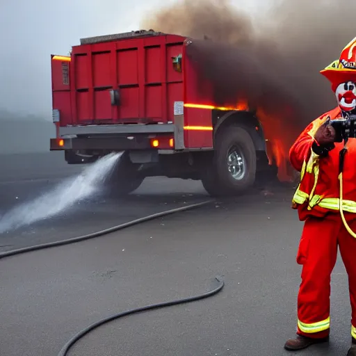 Image similar to a clown wearing firefighter clothes, using a flamethrower on a dumpster fire