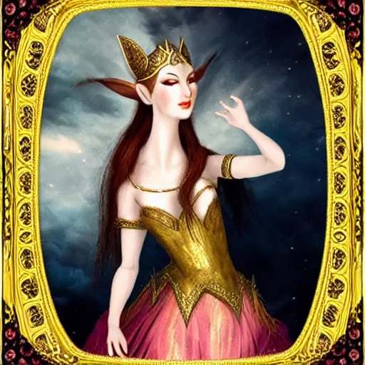 Image similar to jaw - dropping elven princess elegantly dancing in front of a ring of sapphire rose ring, ornate gold border, vignette, warm tri - color, subtle chromatic aberration, painted by francis goya