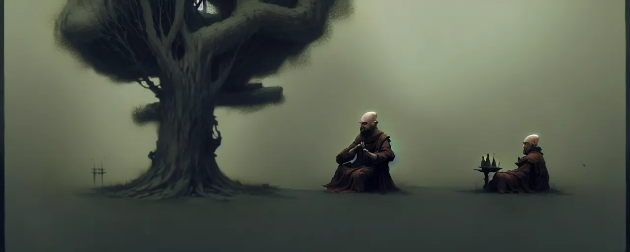 Image similar to duotone noir illustration of bald merchant demon sitting below willow tree in medieval brown tunic. foggy evening. dark dream atmosphere, by sachin teng and sergey kolesov and ruan jia and heng z. graffiti art, scifi, fantasy, hyper detailed. octane render. concept art. trending on artstation