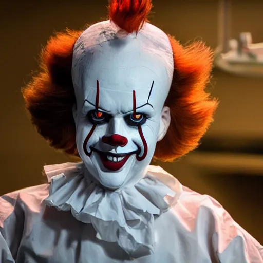 Image similar to a face and body photograph of pennywise dressed as a doctor in a hospital, with a lab coat, with a stethoscope, hyperdetailed, intricate, dramatic, horror movie, movie still, 4 k realistic, volumetric lighting, sharp focus