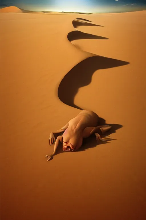 Image similar to hyperrealistic close - up monster! dunes highly detailed concept art eric zener elson peter cinematic hard yellow lighting high angle hd 8 k sharp shallow depth of field, inspired by david paul cronenberg and zdzisław beksinski