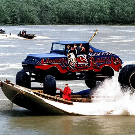 Image similar to Washington crosses the Delaware in a monster truck