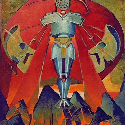 Image similar to a naturalist beautiful beautiful gorgeous vintage painting of a shining metal medieval knight in armor by nicholas roerich by gustave moreau, by eyvind earle by bruce pennington by georgia o keeffe, blood, skin reflective metallic