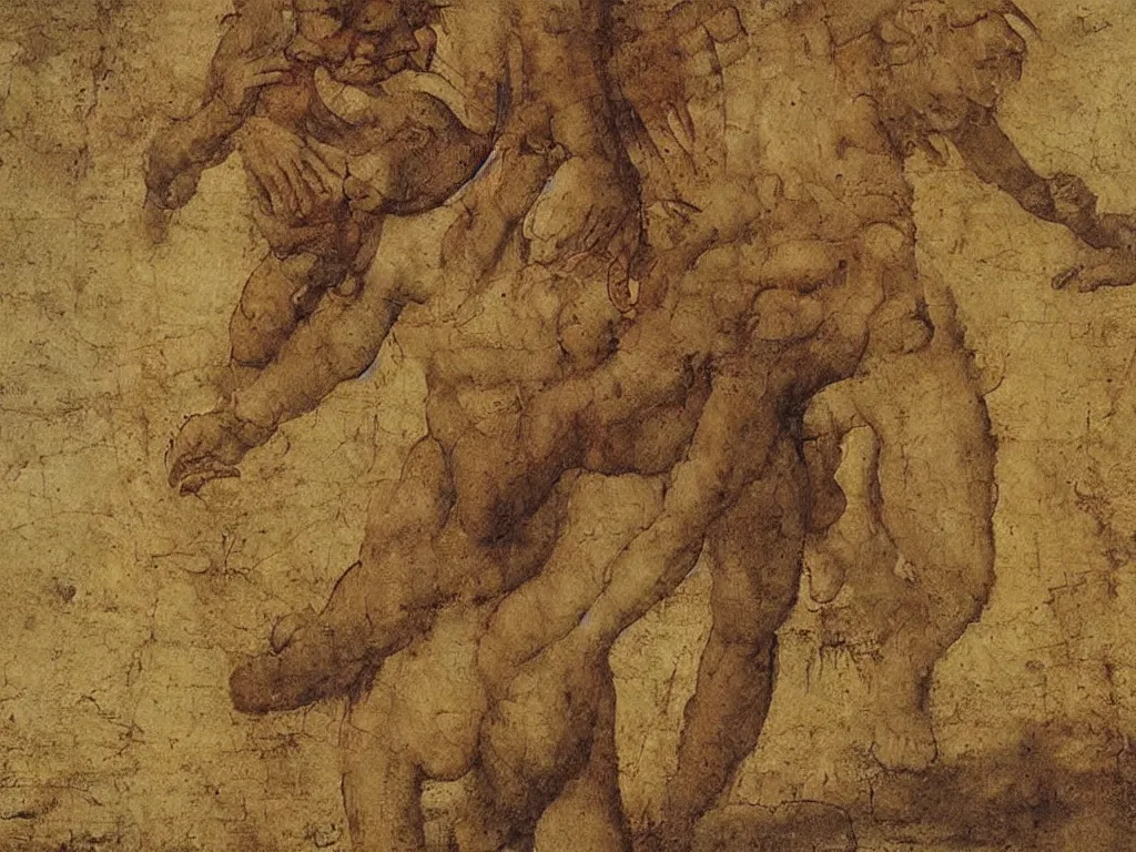 Image similar to a zdromf almost touching a silfid. painting by leonardo da vinci.