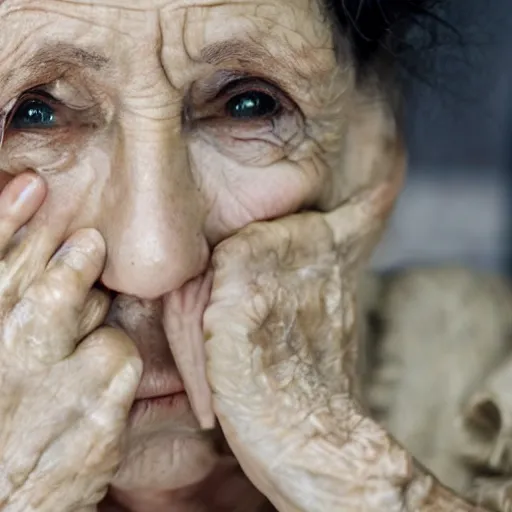 Image similar to a tear falls down the face of an old woman, still beautiful despite wrinkles, wearing a dark dress, highly detailed, sharp focus