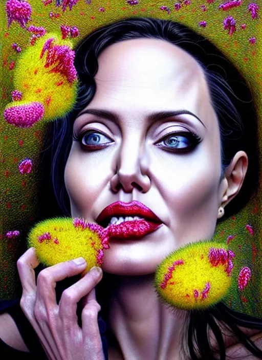 Image similar to hyper detailed 3d render like a Oil painting - Angelina Jolie in fishnets with black hair in thick mascara seen Eating of the Strangling network of colorful yellowcake and aerochrome and milky Fruit and Her delicate Hands hold of gossamer polyp blossoms bring iridescent fungal flowers whose spores black the foolish stars by Jacek Yerka, Mariusz Lewandowski, Houdini algorithmic generative render, Abstract brush strokes, Masterpiece, Edward Hopper and James Gilleard, Zdzislaw Beksinski, Mark Ryden, Wolfgang Lettl, Dan Hiller, hints of Yayoi Kasuma, octane render, 8k