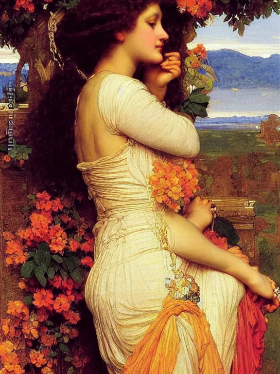 Prompt: Beautiful Goddess. Extremely high detail, details, realistic, masterpiece, colorful. Portrait painting by Eugene de Blaas, art by Frederic Leighton