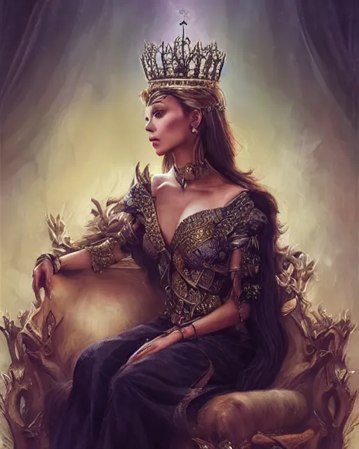 Prompt: a beautiful female queen sitting on a throne, 8 k, beautiful face, surrounded by ravens, hyperrealistic, hyperdetailed, fantasy portrait by laura sava