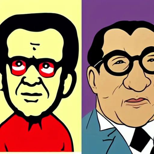 Image similar to henry kissinger and richard nixon as cartoon characters, tv frame, screenshot, trending on reddit,