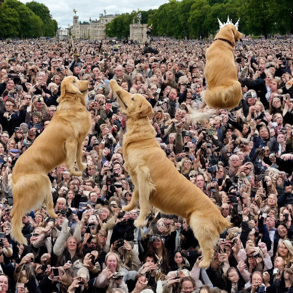 Prompt: national geographic photo of a golden retriever wearing a crown being hailed as the new king of England by a crowd of people at Buckingham palace in the background