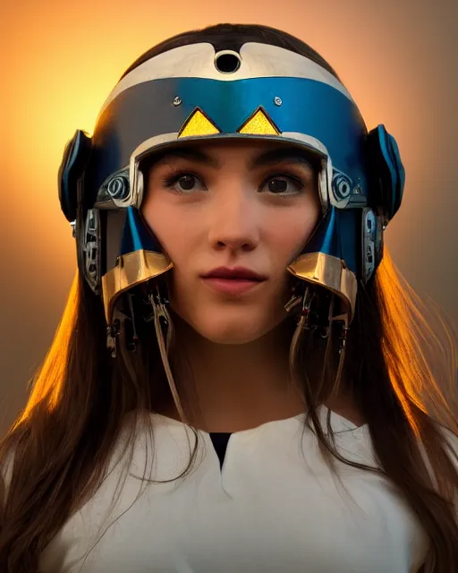 Prompt: centered medium shot fine studio photograph of a beautiful girl wearing only a mecha electronic native American indian helmet with bright led lights, ultra-realistic, white background, 8k HDR sunset lit, intricate