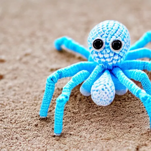 Image similar to cute fluffy light blue color spider crochet doll standing on sand, hyperrealistic photograph, highly detailed, tactile, 8k, close up, macro