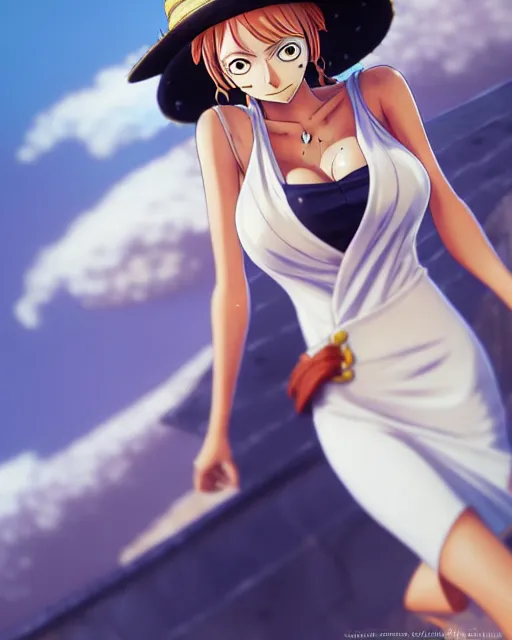 Image similar to nami from one piece, simple cream dress, detailed perfect face, mid view, by artgerm, by studio muti, greg rutkowski makoto shinkai takashi takeuchi studio ghibli