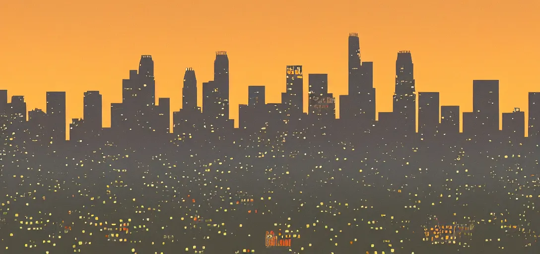 Prompt: cartoony skyline of l. a. at dusk by lou romano, pixar, disney