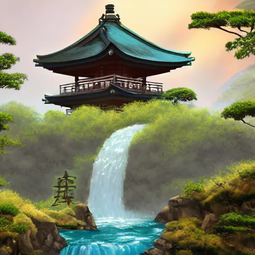 Image similar to ancient japanese landscape with two pagodas connected by a bridge, in front of a waterfall and surrounded by vegetation, digital painting, trending on artstation