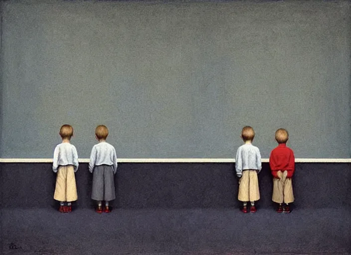 Image similar to a very boring day in school, kids faced away, all wearing identical clothes, painting by quint buchholz and ray caesar, muted colors, gray, dull, boring, low energy, pale blue faces, very detailed, very coherent