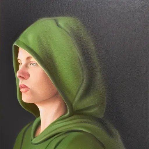 Image similar to woman with freckles, short brown hair, green eyes, wearing a grey hooded sweatshirt, trending on artstation, oil painting, volumetric light