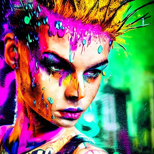 Image similar to splashes of neon, mowhawk, punk portrait made out of paint with rain in the background, trending on artstation, epic composition, emotional, beautiful, rendered in octane, highly detailed, realistic, tim burton comic book art, sharp focus, matte painting, unreal engine