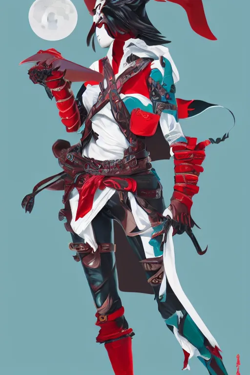 Image similar to female adventurer in tight full - body teal leather armor of japanese design with red accents and a white porcelain crow mask, trending in artstation, japanese, artstation, big moon in the background, establishing shot