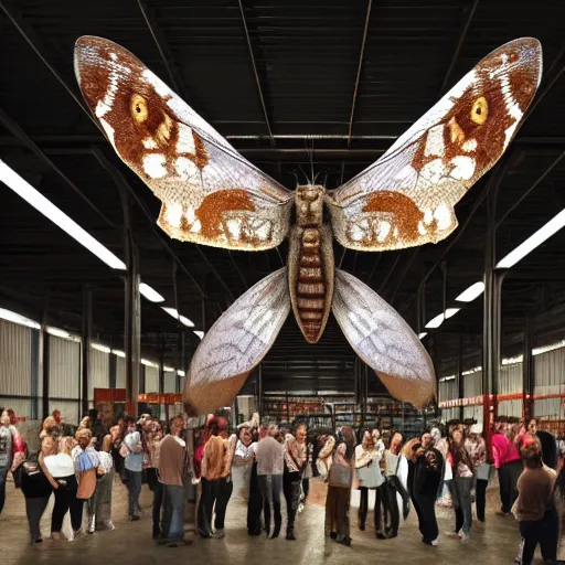 Image similar to a group of people gathered in a warehouse, worshipping a giant moth, highly detailed, 8 k, realistic,