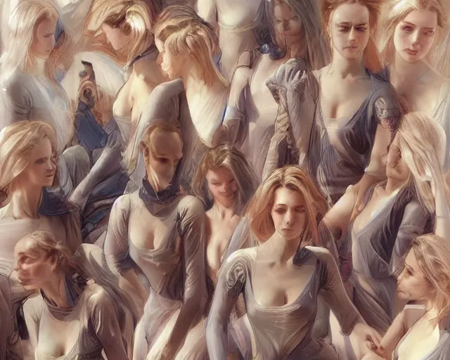 Image similar to a crowd of blonde clones wearing jump suits, vivid eyes, beach, real life skin, intricate, elegant, highly detailed, artstation, concept art, smooth, sharp focus, art by artgerm and greg rutkowski and alphonse mucha