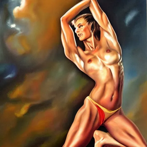 Prompt: fitness model kristen nun as painted by boris vallejo and julie bell, oil on canvas