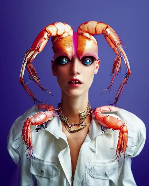 Image similar to natural light, soft focus portrait of a cyberpunk anthropomorphic shrimp with soft synthetic pink skin, blue bioluminescent plastics, smooth shiny metal, elaborate ornate head piece, piercings, skin textures, by annie leibovitz, paul lehr