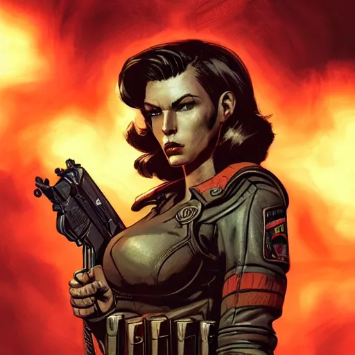 Image similar to fallout 5, concept art brunette rugged authoritarian female enclave officer portrait, concept art, comicstyle, atmospheric lighting, painted, intricate, volumetric lighting, beautiful, rich deep colors masterpiece, sharp focus, ultra detailed by jack kirby, ignacio fernandez rios, thierry doizon