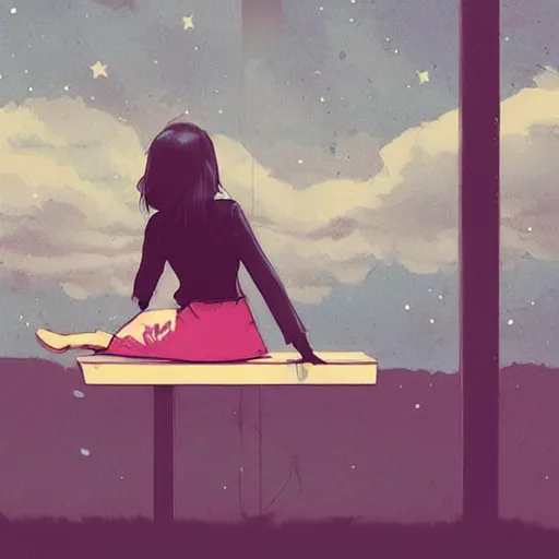 Prompt: a woman in a skirt sitting on a parkbench, night sky, digital art, anime style, by conrad roset, highly detailed, trending on artstation