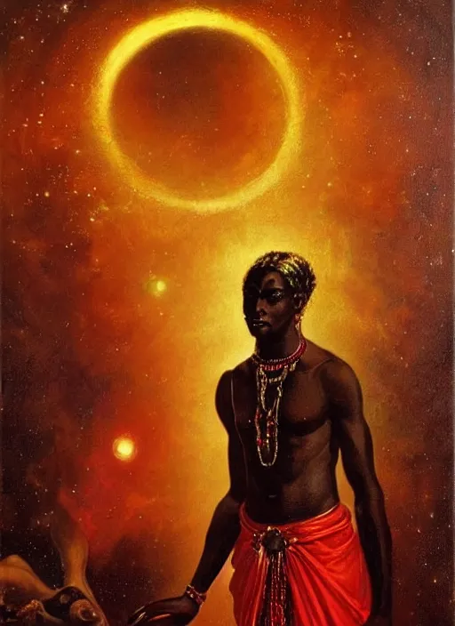 Prompt: orisha esu the african male god streets and paths who transits between the earth and the sky and wears red and black with the galaxy! in the background | deep focus, high angle, highly detailed, painting by delphin enjolras