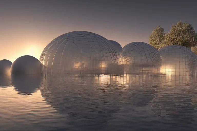 Image similar to a building formed by the intersection and fusion of many multi - white spherical and egg - shaped spaces. on the calm lake, people's perspective award winning, highly detailed 4 k art, dusk, unreal engine highly rendered, global illumination, radial light, internal environment by kazuyo sejima