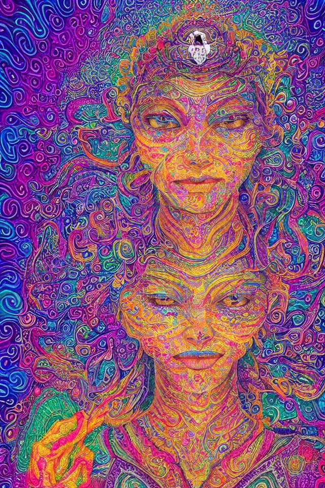 Image similar to a happy beautiful wise spirit goddess in the shape of a heart, meditation, 3 2 k resolution, good vibes, perfect lighting, billions of details, made out of small cubes of love, pointillism, fabric embroidery, stunning psychedelic artwork, android jones, chris dyer, alex grey, trending on artstation, award winner