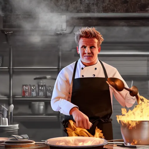 Prompt: unreal engine 5 photorealistic Gordon Ramsey cooking a unicorn in a pot in a intricate kitchen 4k