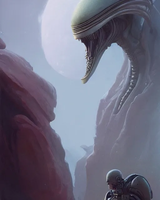 Prompt: alien by greg rutkowski, mark brookes, jim burns, tom bagshaw, magali villeneuve, trending on artstation