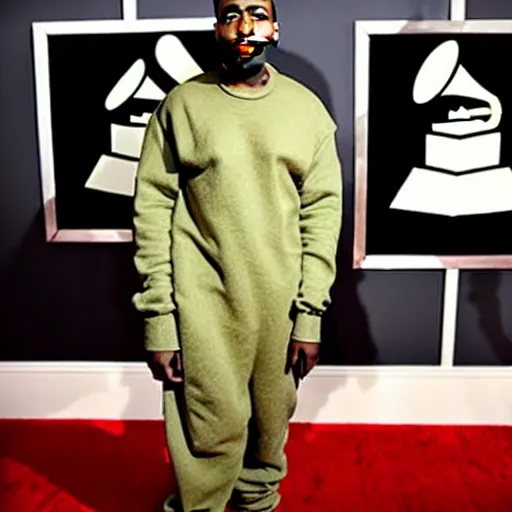 Prompt: kanye west at the grammys in an avocado suit, red carpet photo