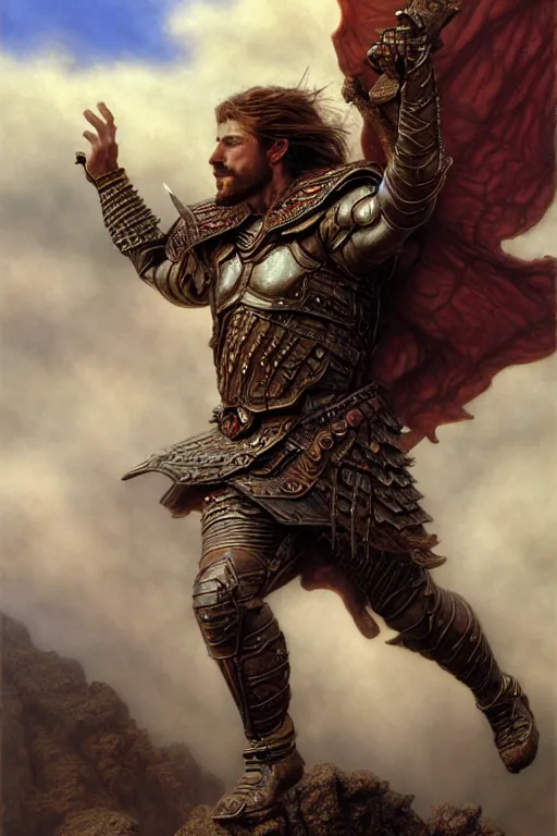 Image similar to masterpiece matte painting of a warrior falling from the clouds, male, breastplate, magical, high fantasy, d & d, by donato giancola, face details, extremely detailed, digital illustration