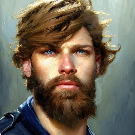 Image similar to detailed cinematic wide shot of muscular attractive young man wearing navy clothing beard slim face symettrical face clean skin blue eyes white hair, ultra realistic, spring light, painting by gaston bussiere, craig mullins, j. c. leyendecker