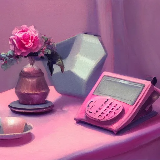 Prompt: chill pink old phone aesthetic, oil painting, pale colors, high detail, 8 k, wide angle, trending on artstation,