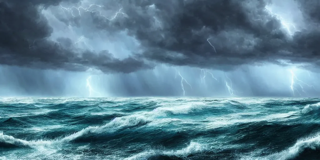 Prompt: An exceptionally tumultuous ocean!!!!! stretching as far as the eye can see, with extreme thunderstorm!!!!! skies, photorealistic imagery, thundery!!!!! atmosphere, aesthetic!!!!! and photorealistic art style, trending on arstation, 4k, 8k