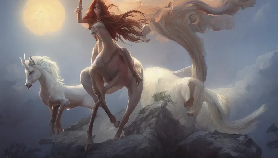 Image similar to a beautiful painting of the last unicorn, ray traced lighting by gerald brom and greg rutkowski