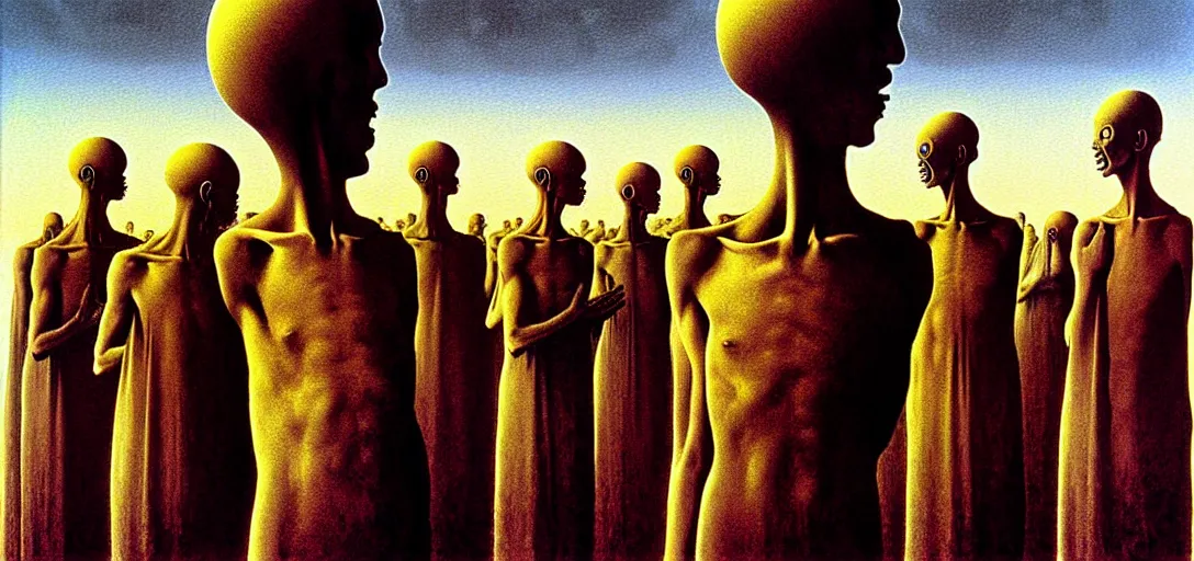 Image similar to dystopian surreal painting alien monks praying to a single eerie head statue surrounded by uneven buildings, artstyle by zdzisław beksinski and caravaggio
