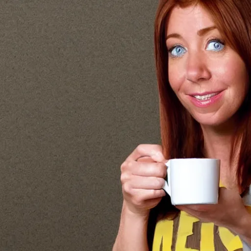 Image similar to lily aldrin ( himym ) drinking coffee in a cup, very detailed face