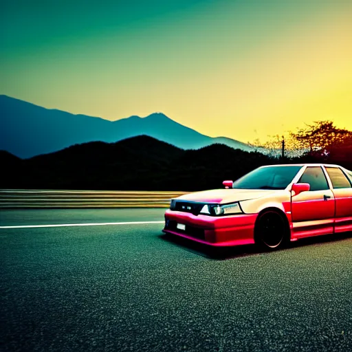 Image similar to a car drifting Toyota JZX100 in middle of road, gunma prefecture, city sunset, cinematic color, photorealistic, highly detailed, bokeh