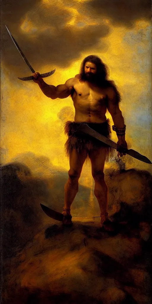 Prompt: muscular sonic as barbarian hunter with chest armor and shiny sword , full human hairy body , backlight body , extreme very textured detailed panoramic portrait oil painting by rembrandt, sunset, dramatic clouds and cyan atmosphere