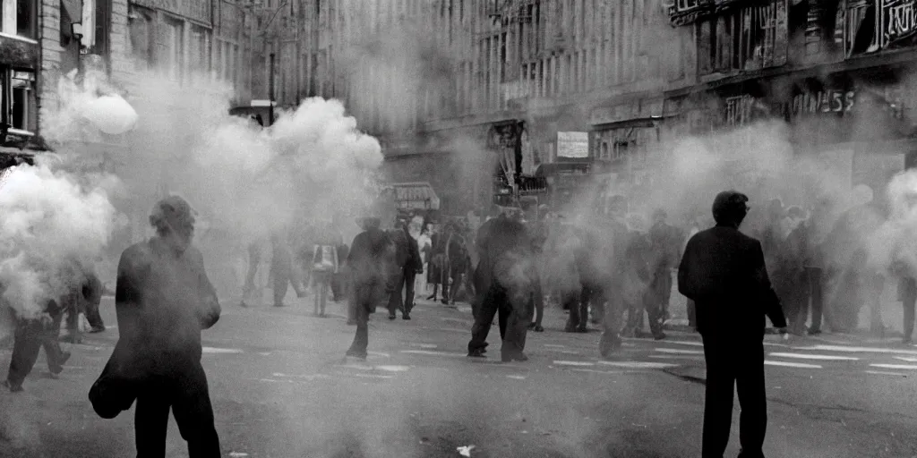 Image similar to street photo, revolution, smoke on the street, a thousands of people closeup, film photography, exposed b & w photography, christopher morris photography, bruce davidson photography, peter marlow photography