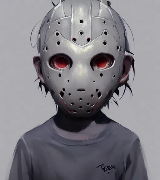 Image similar to beautiful little boy anime character inspired by jason voorhees, art by rossdraws, wlop, ilya kuvshinov, artgem lau, sakimichan and makoto shinkai, concept art, anatomically correct, extremely coherent, realistic, mask, smooth, hd, 8 0 s haircut