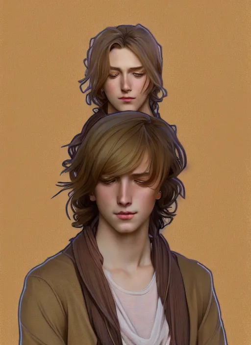 Image similar to pretty young man with shoulder length shiny shimmering golden blond hair, head down, shy, path traced, highly detailed, high quality, digital painting, by studio ghibli and alphonse mucha, leesha hannigan, disney